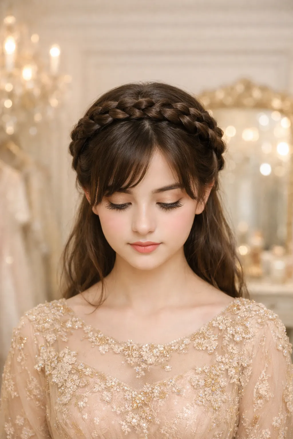 Braided crown half down prom hairstyle with soft open hair and face framing bangs for a romantic look