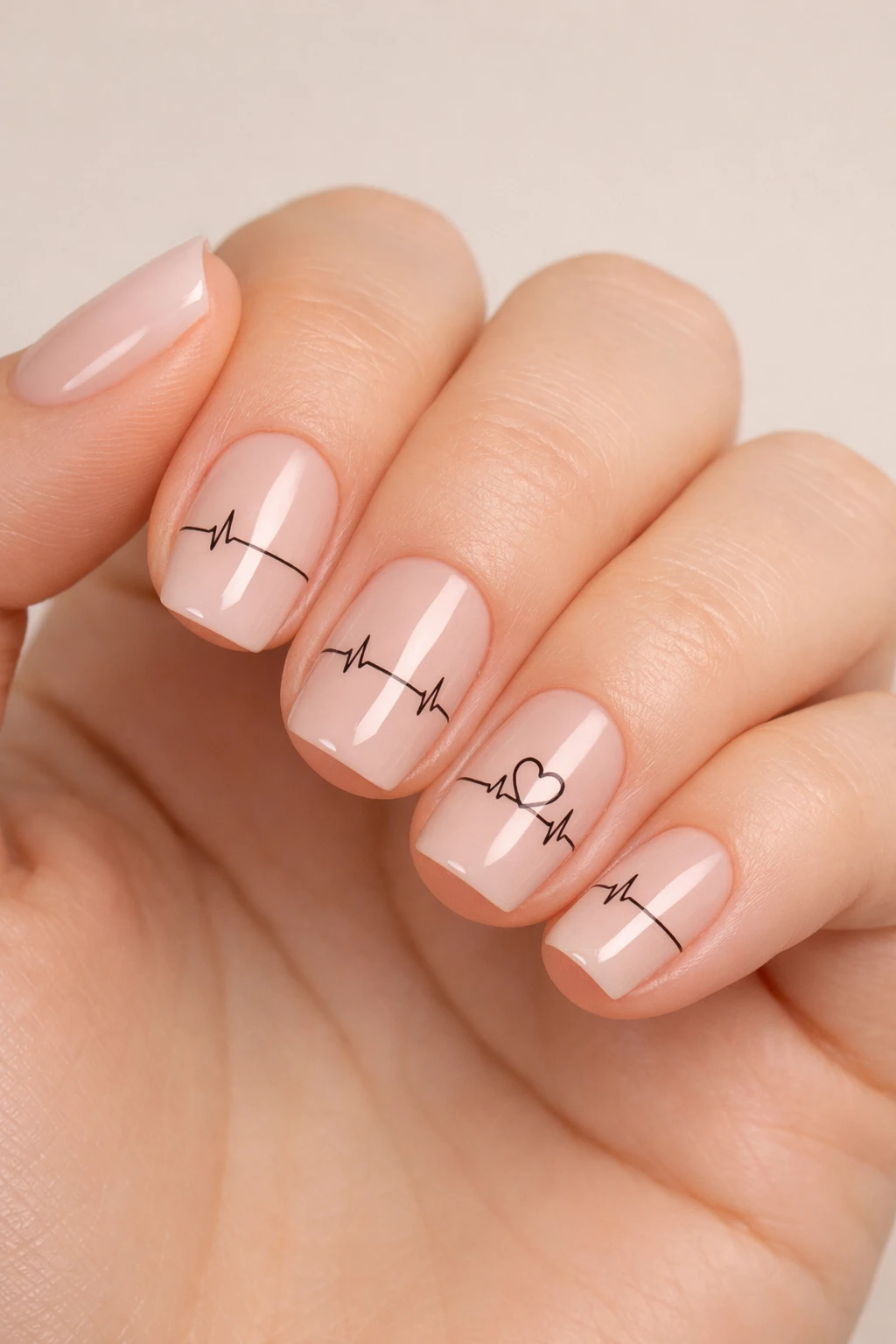 Minimal nude Valentine nails with black heartbeat line and small heart accent