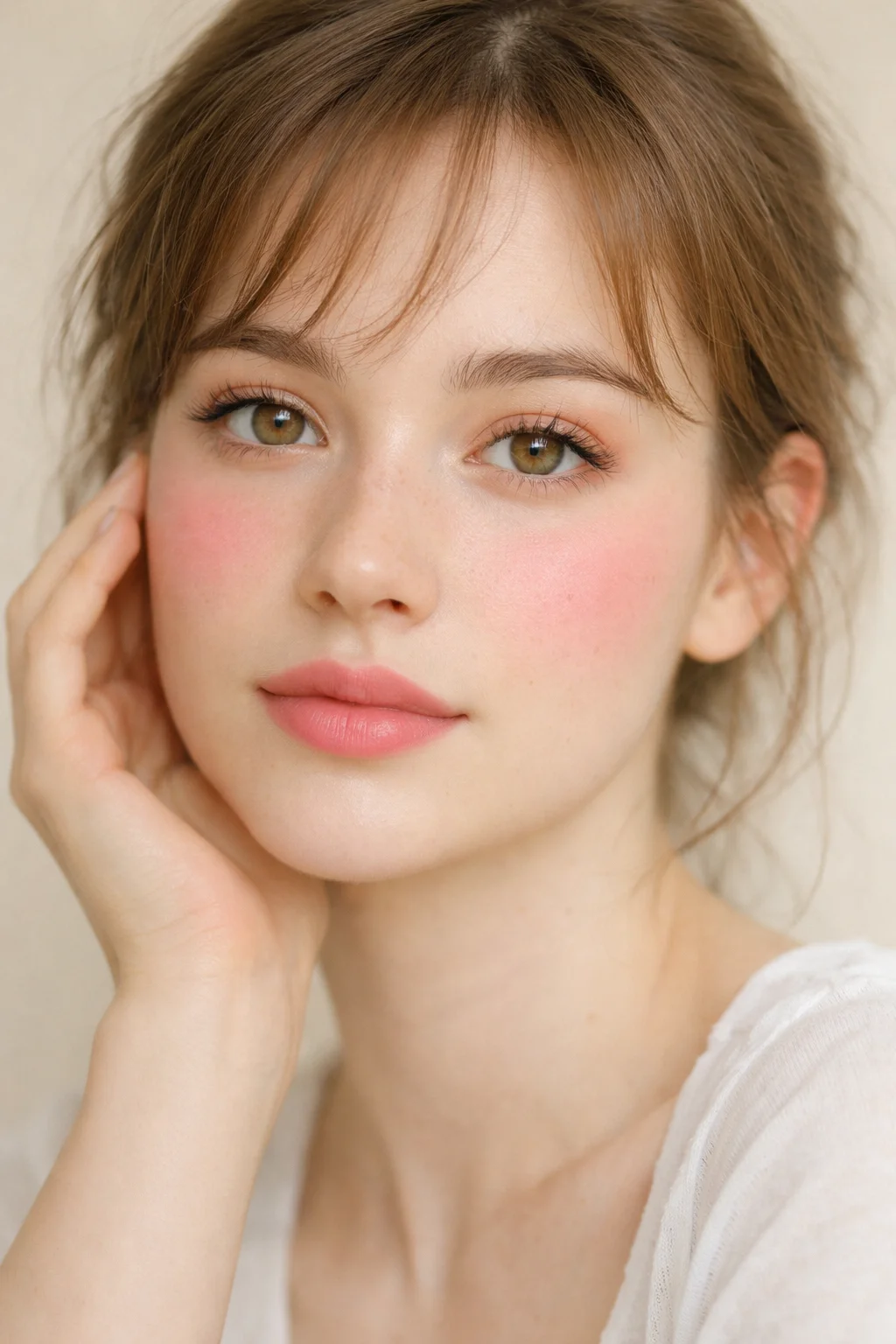 Rosy pink dewy makeup with flushed cheeks and natural glow
