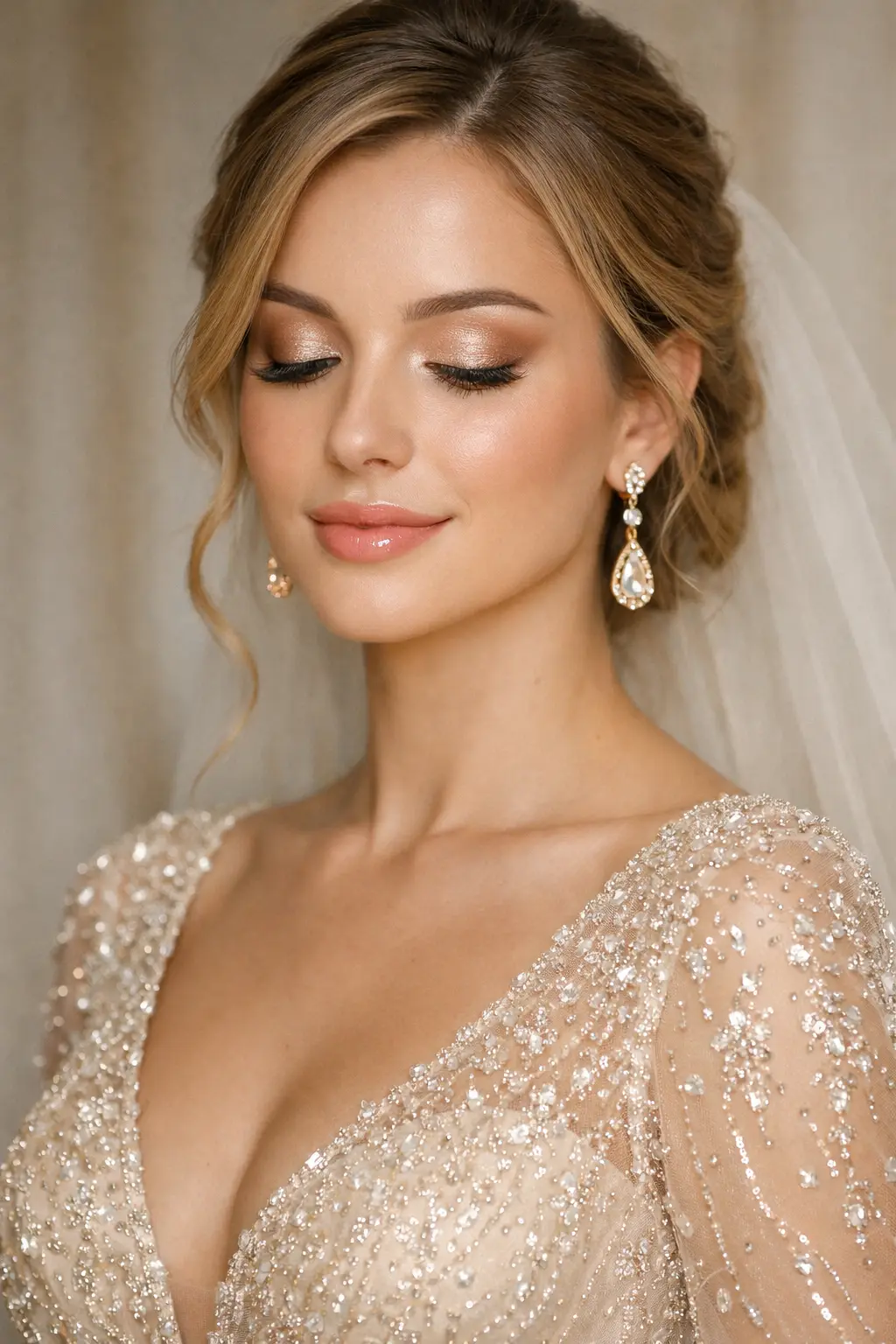 champagne shimmer bridal makeup glowing skin glossy nude lips soft bridal makeup look