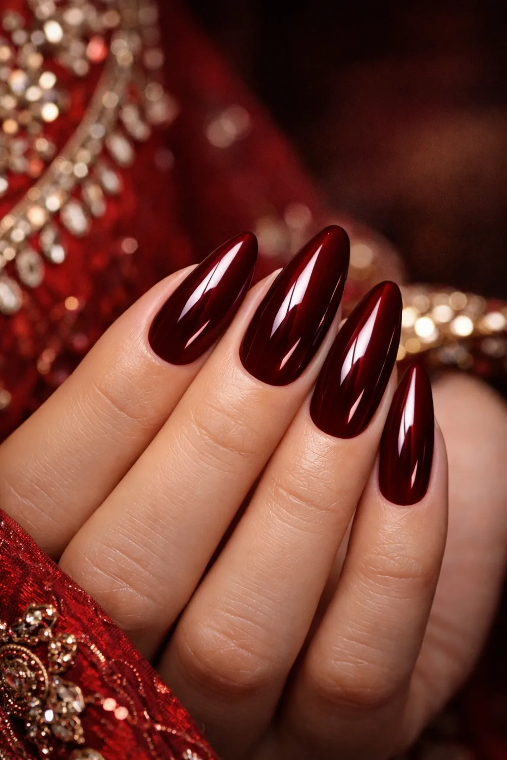 Glossy wine red bridal nail design with a sleek finish for a classic wedding look