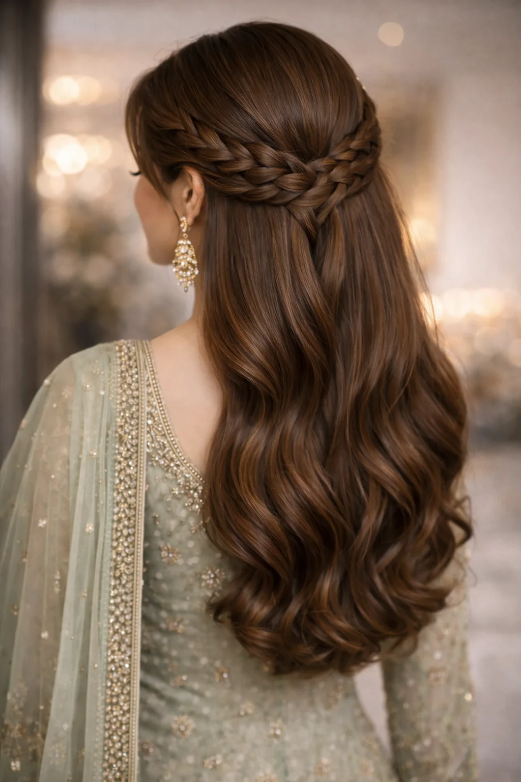 Classic braided half up wave hairstyle for girls with long hair styled neatly from the back for weddings and formal occasions