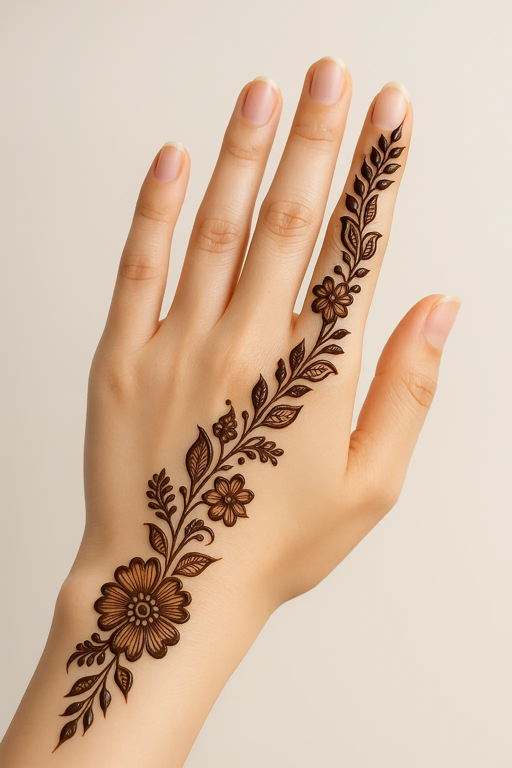 vertical floral vine mehndi design for girl's minimal back hand mehndi