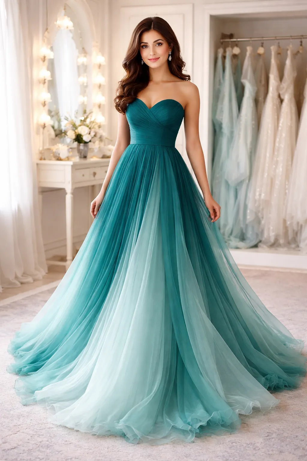 Teal ombre tulle prom gown with strapless bodice and airy flowing skirt