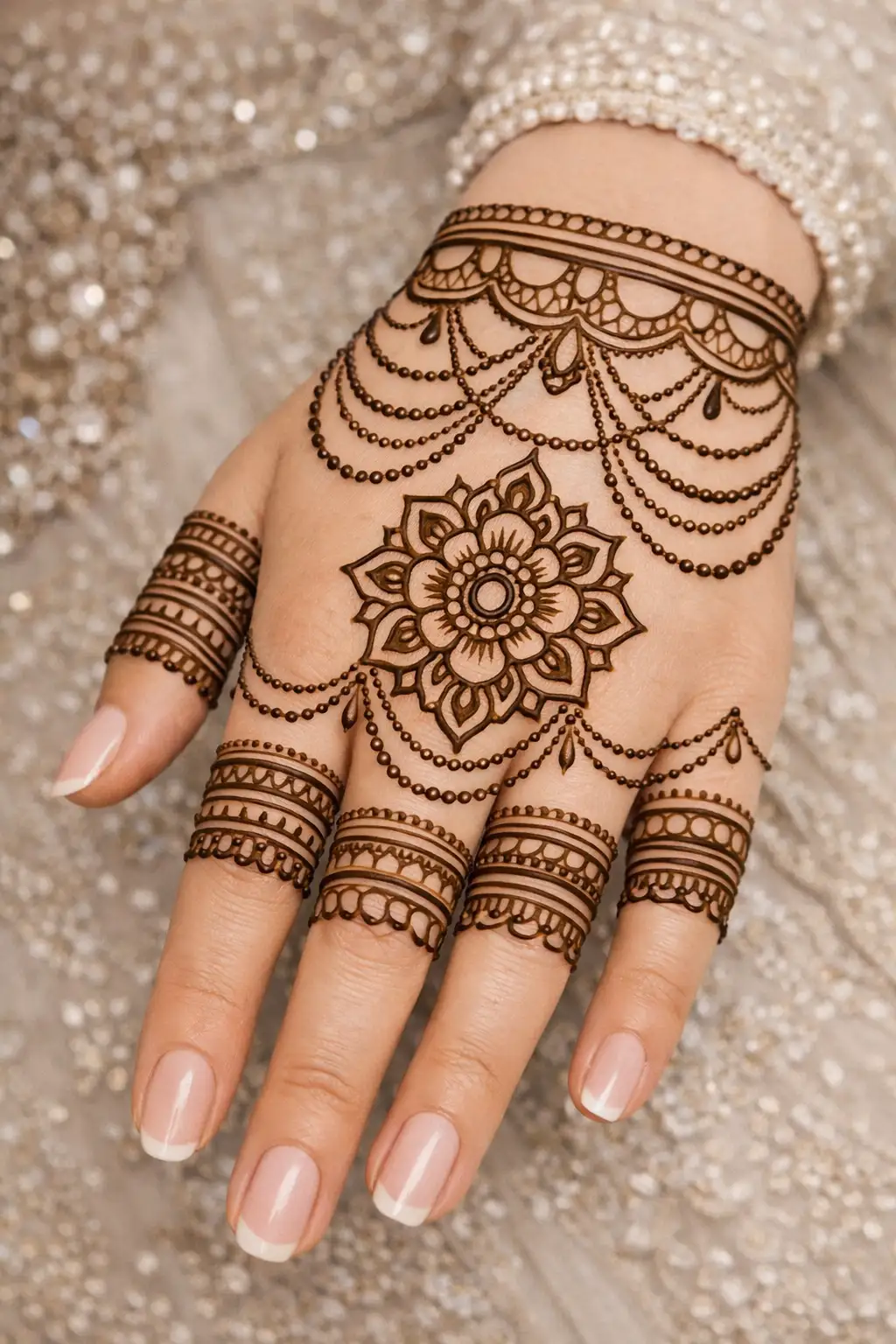 bold mandala mehndi design with central flower and draped dotted chain elements