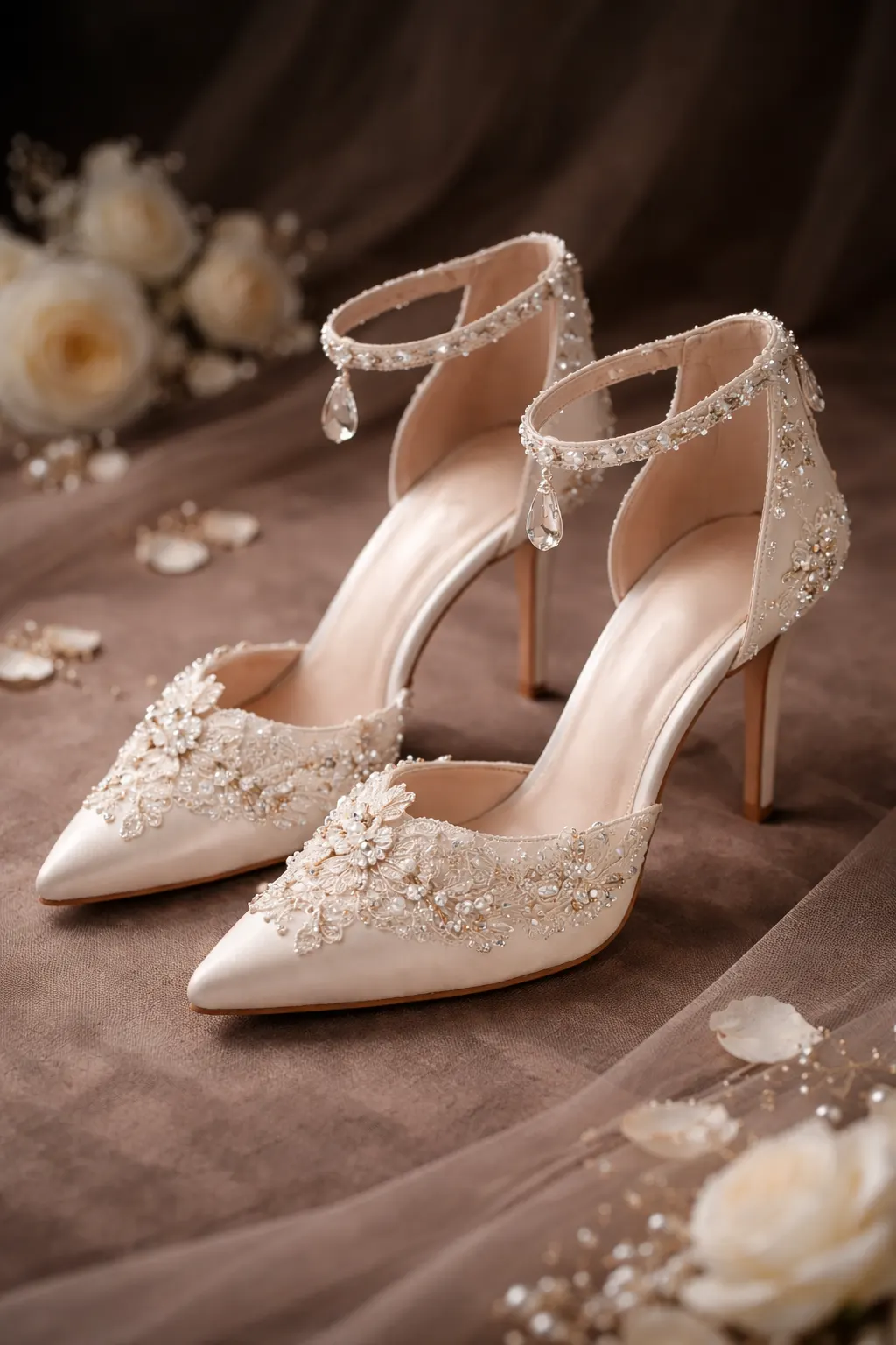 Embellished ankle strap bridal heels with pointed toe and pencil heel for bridal comfort