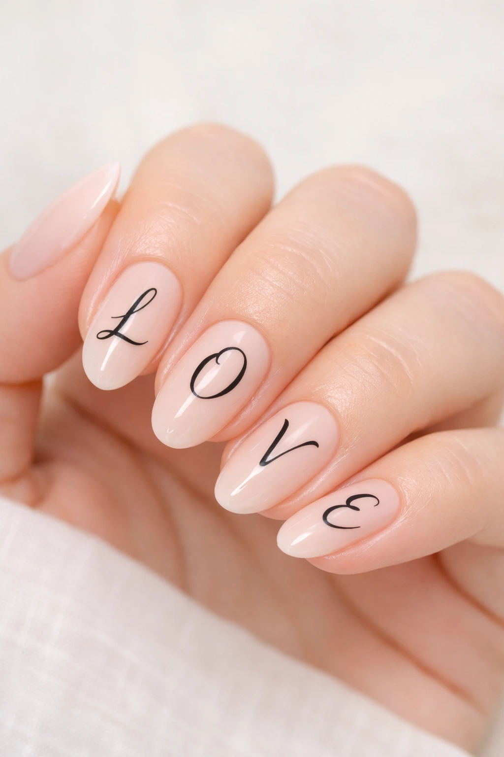 Nude Valentine nails spelling love with black letter nail art on almond nails