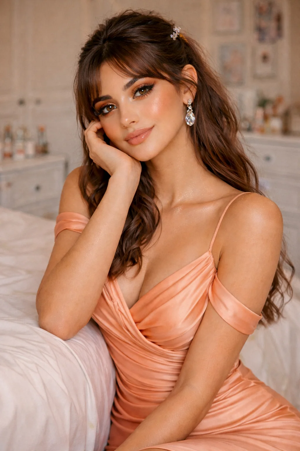 Peachy glow prom makeup with soft bronze eyes, warm peach blush, glowing skin, and nude peach lips