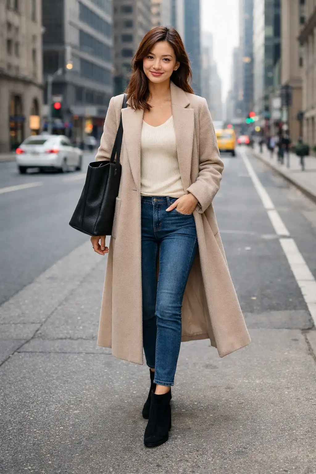 Long beige coat with knit top and jeans casual winter outfit for girls city walking style