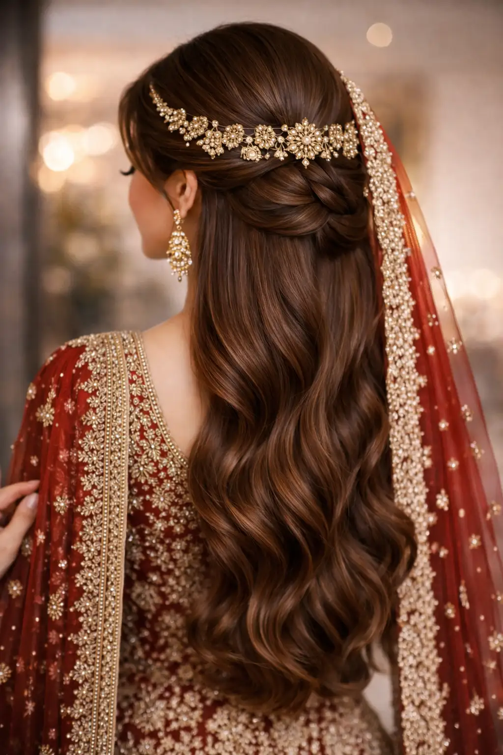 Jewelled half up bridal wave hairstyle for girls with long wavy hair styled from the back for a wedding or formal event