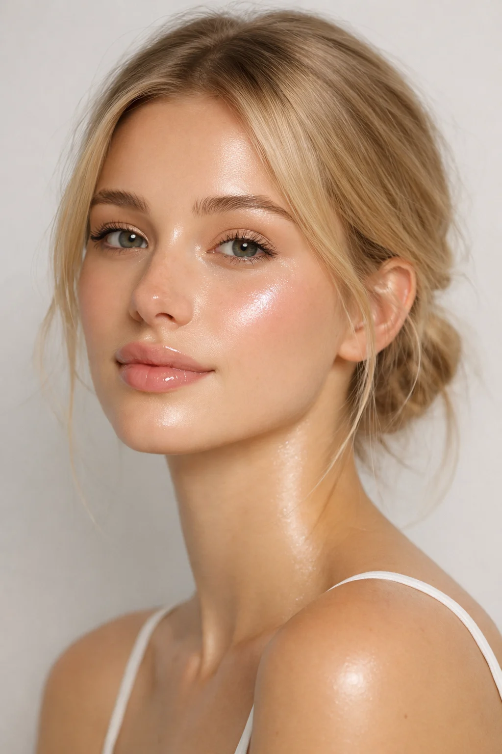 Nude dewy makeup with glowing skin and soft natural tones
