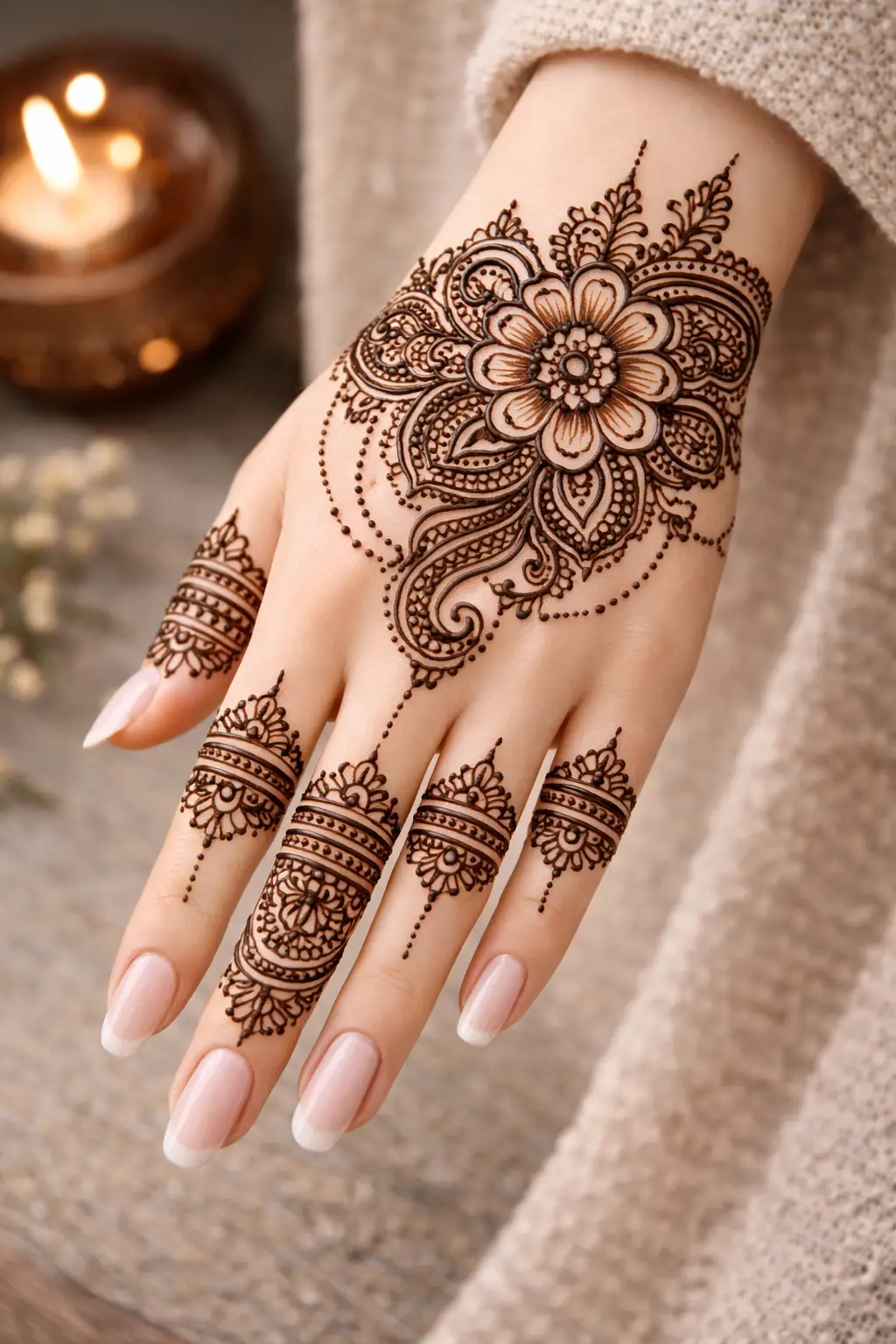 statement floral mehndi design with large medallion and flowing paisley accents