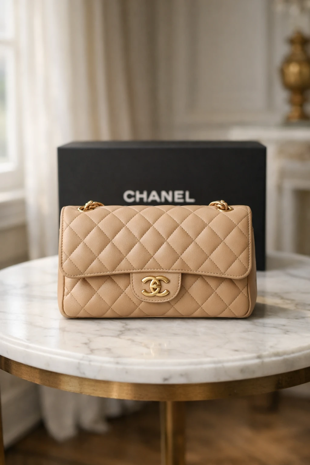Beige quilted chain purse inspiration, classic luxury purse and bag design