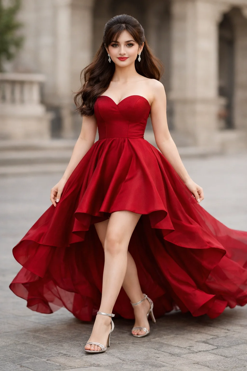 Red high low sweetheart prom dress with fitted bodice and long flowing back hem