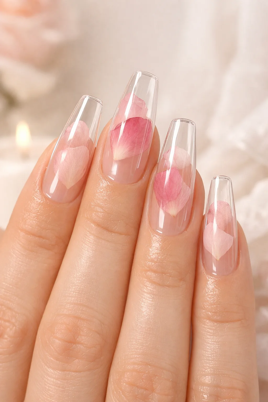 Clear Valentine nails with embedded pink flower petals and glossy finish
