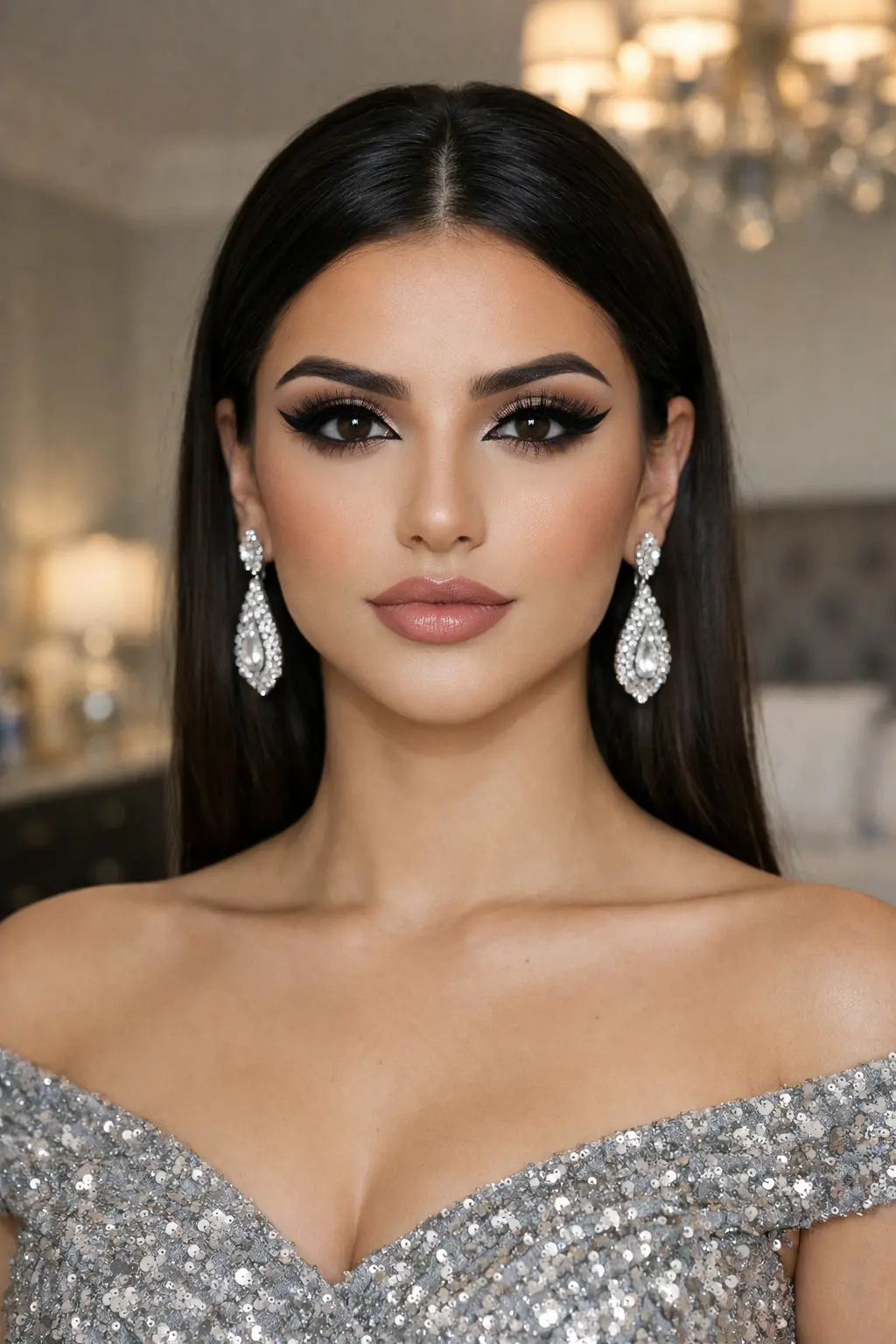 Arabic soft glam prom makeup with sharp winged eyeliner, matte skin, defined contour, and nude lips