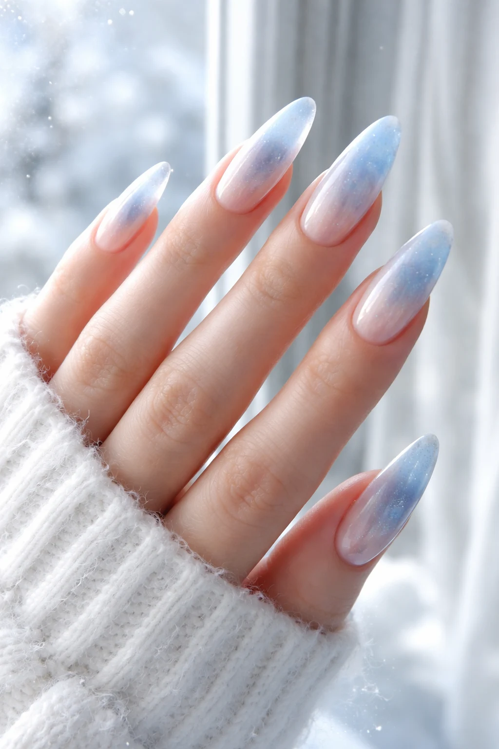 frosted blue aura winter nails icy blue gradient nails soft aura nail design winter nail trends