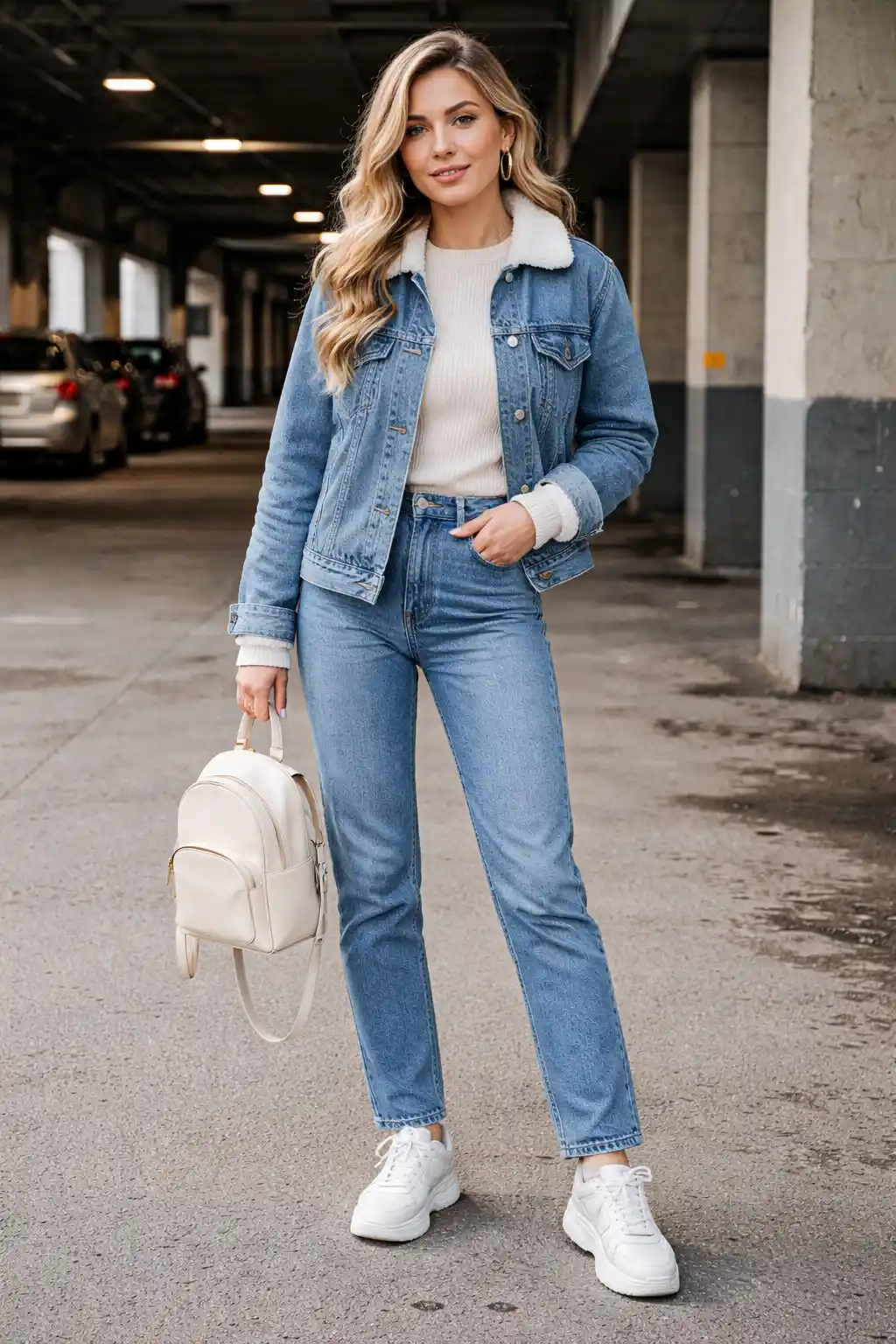 Denim jacket with knit top and blue jeans casual winter outfit for girls street style