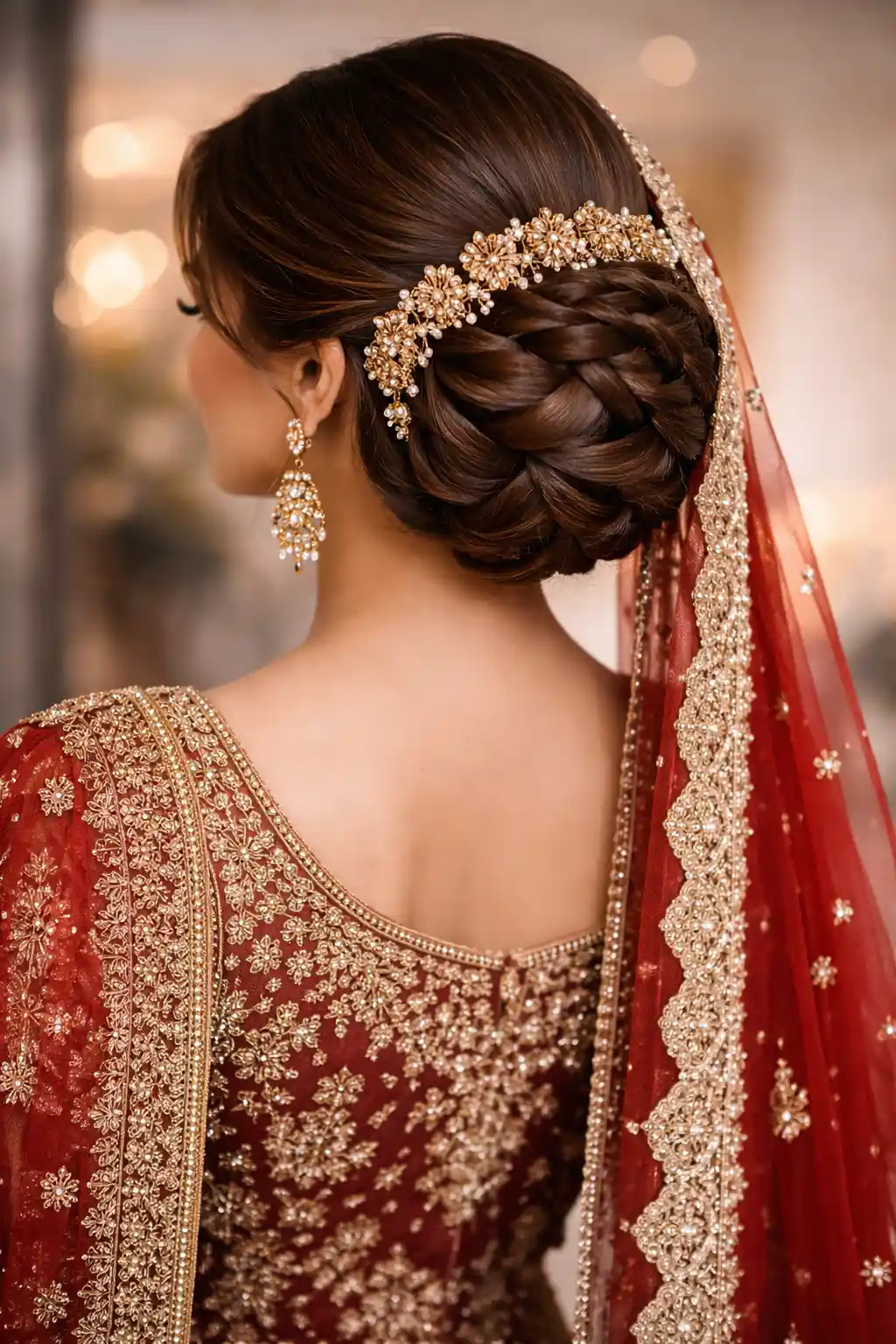 Elegant braided bridal bun hairstyle for girls with floral hair jewelry styled neatly from the back for a wedding look