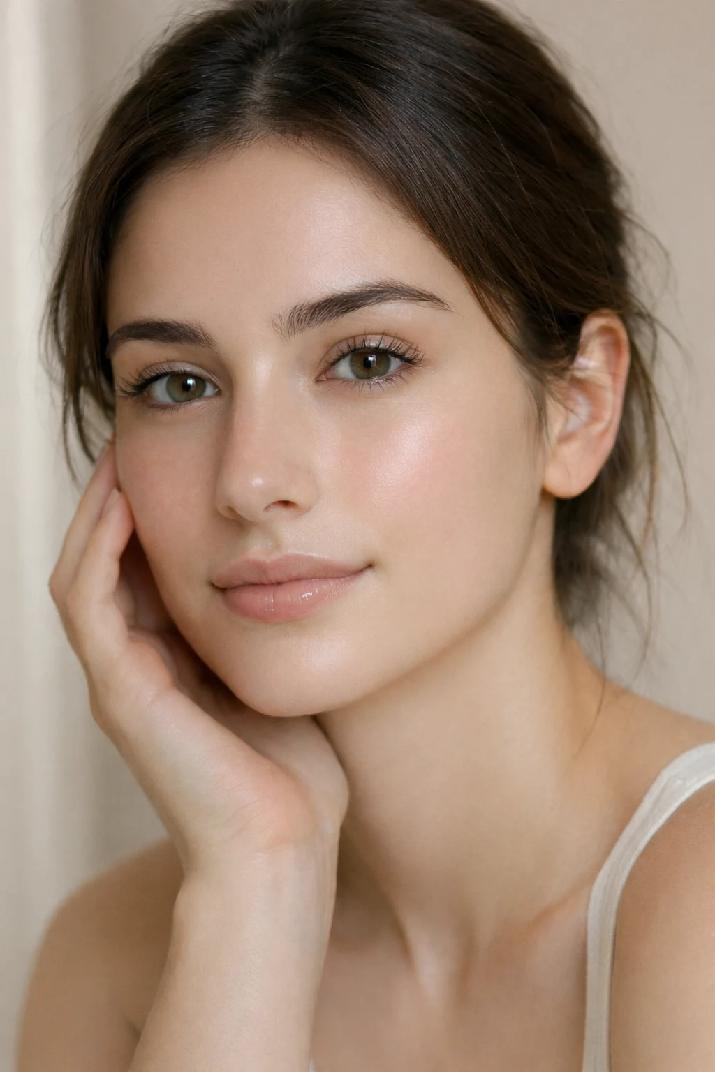 Neutral dewy makeup with soft glow and natural nude tones