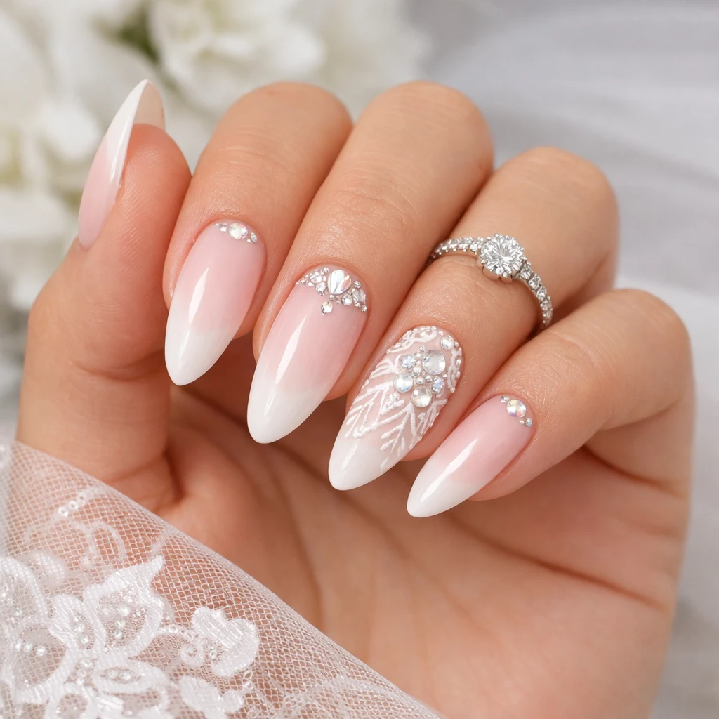 Blush ombre bridal nails with pearl and crystal accents for a romantic wedding look