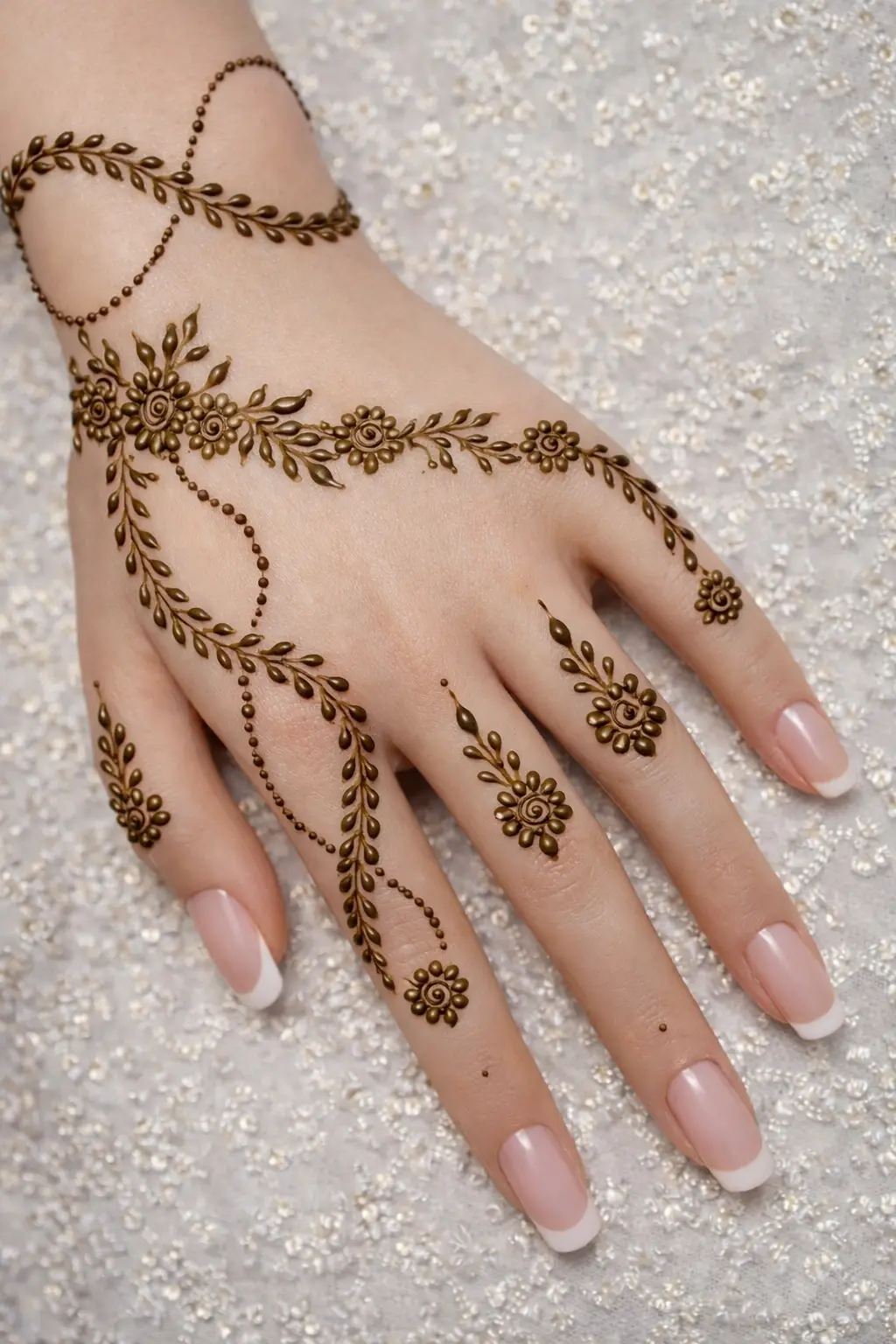 delicate floral trail mehndi design with dotted curves and open negative space