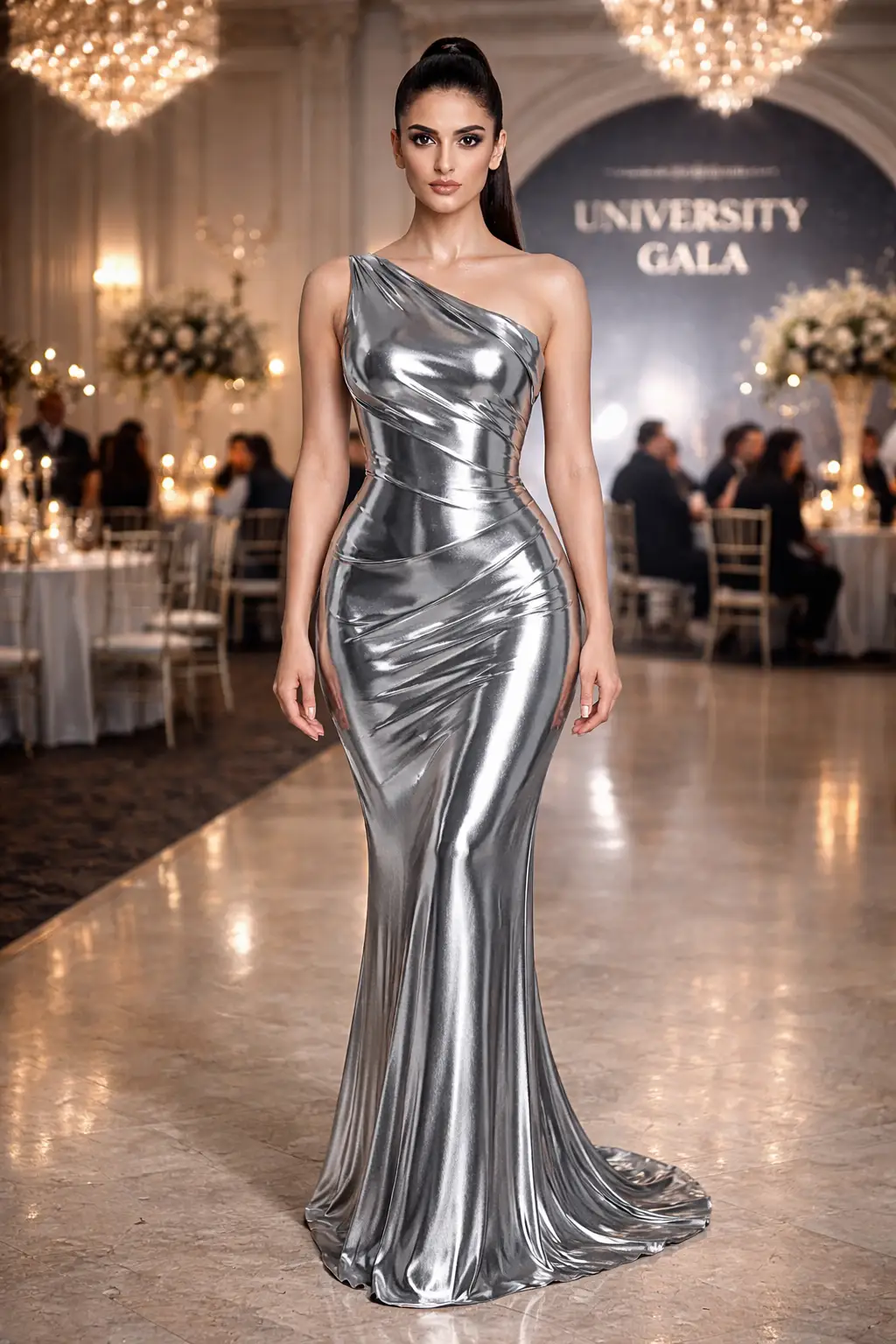 Silver one shoulder metallic prom gown with glossy finish and body hugging silhouette