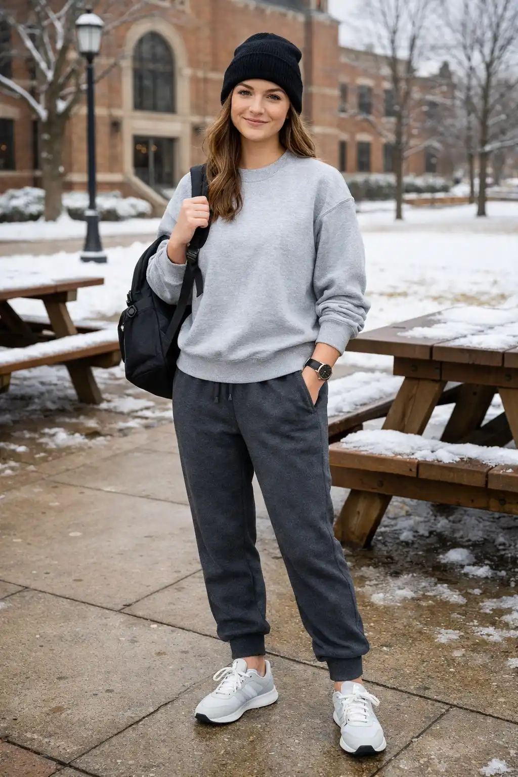 Grey sweatshirt with jogger pants and sneakers casual winter outfit for girls campus style
