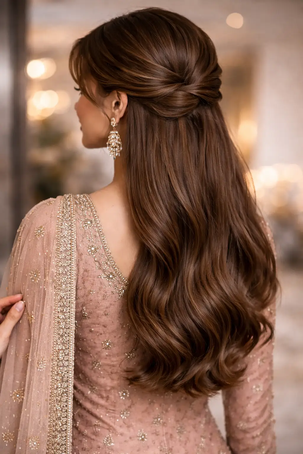 Soft twisted half up wave hairstyle for girls with long brown hair styled neatly from the back for a wedding or formal event