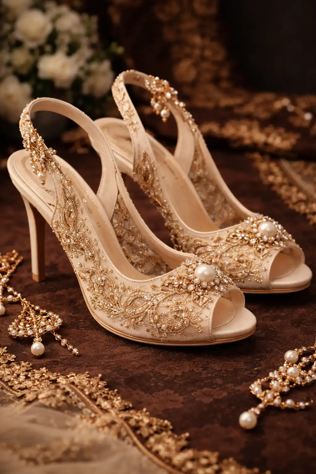 Gold embroidered slingback bridal heels with open toe and pencil heel for weddings