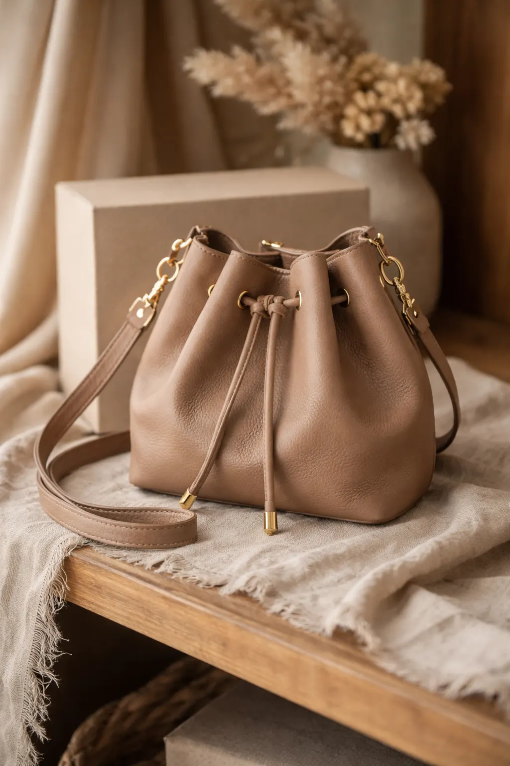 Neutral beige bucket bag inspiration with drawstring design, classy everyday bag