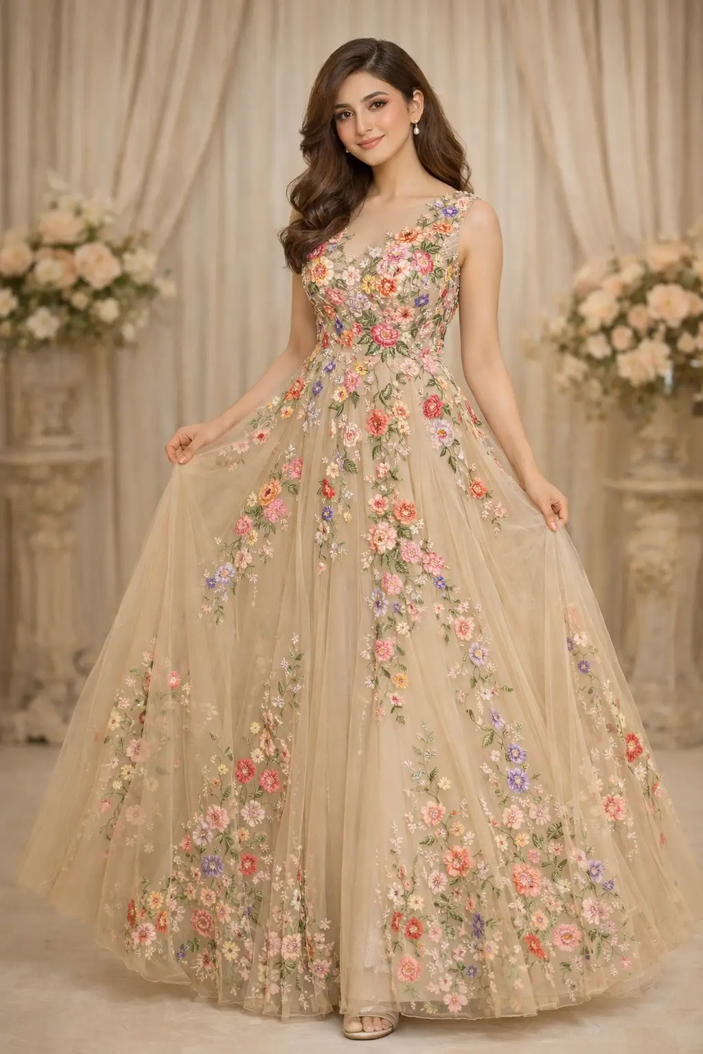Nude tulle prom gown with floral embroidery and flowing A line silhouette