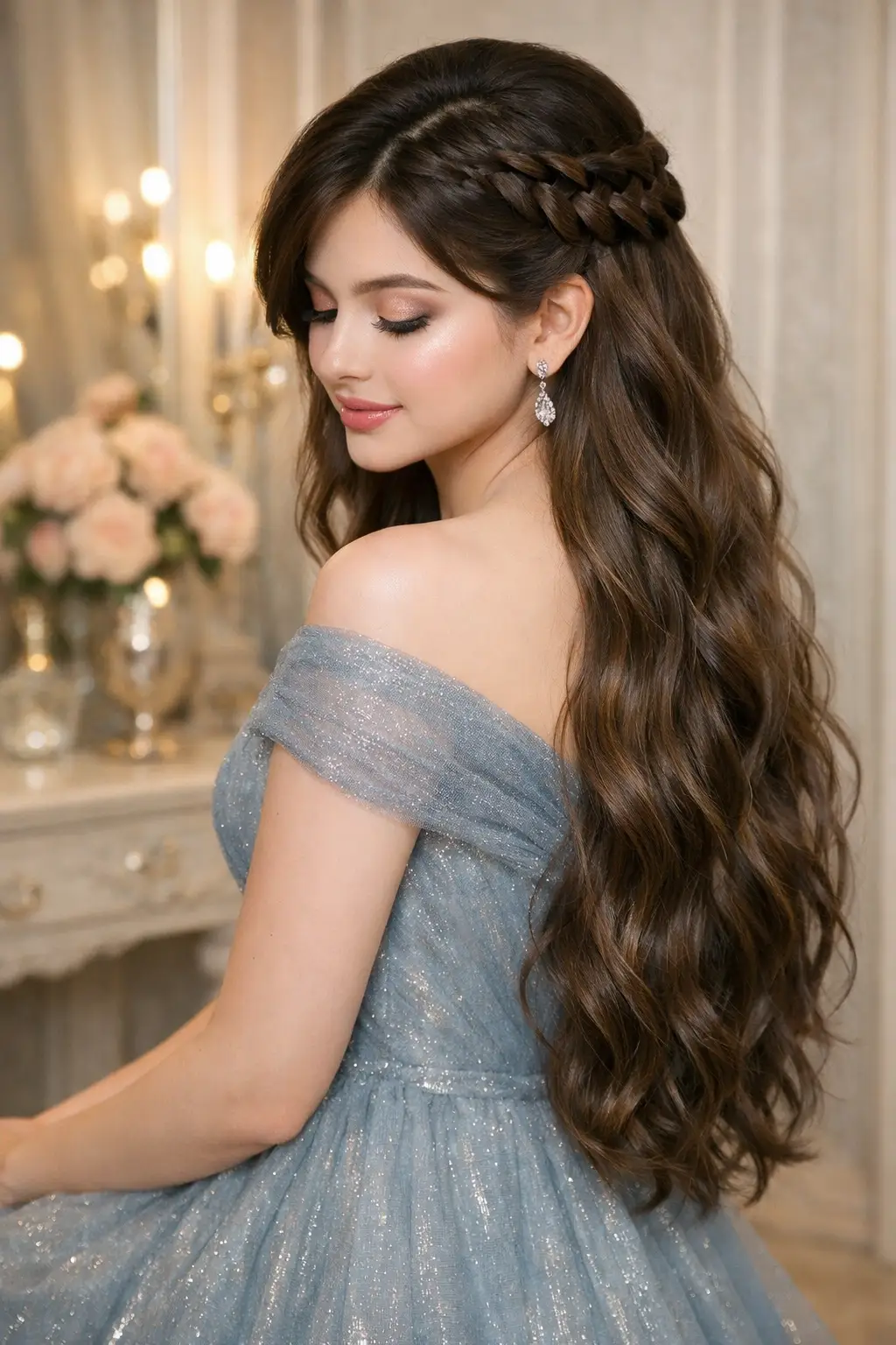 Braided side sweep long waves prom hairstyle with romantic flowing length