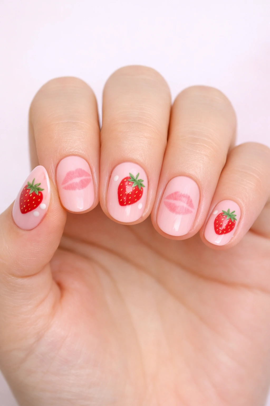Pink Valentine nails with strawberry art and kiss print nail design