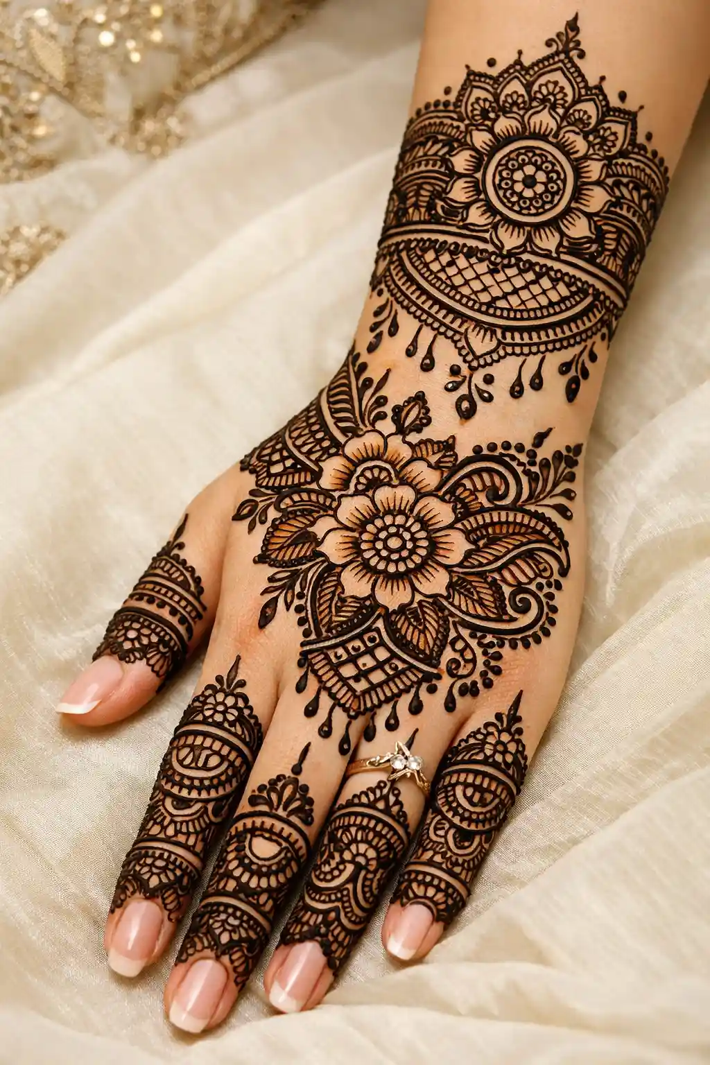 Balanced Pakistani mehndi design for back hands with central motif, clean detailing, and elegant traditional style for weddings and events