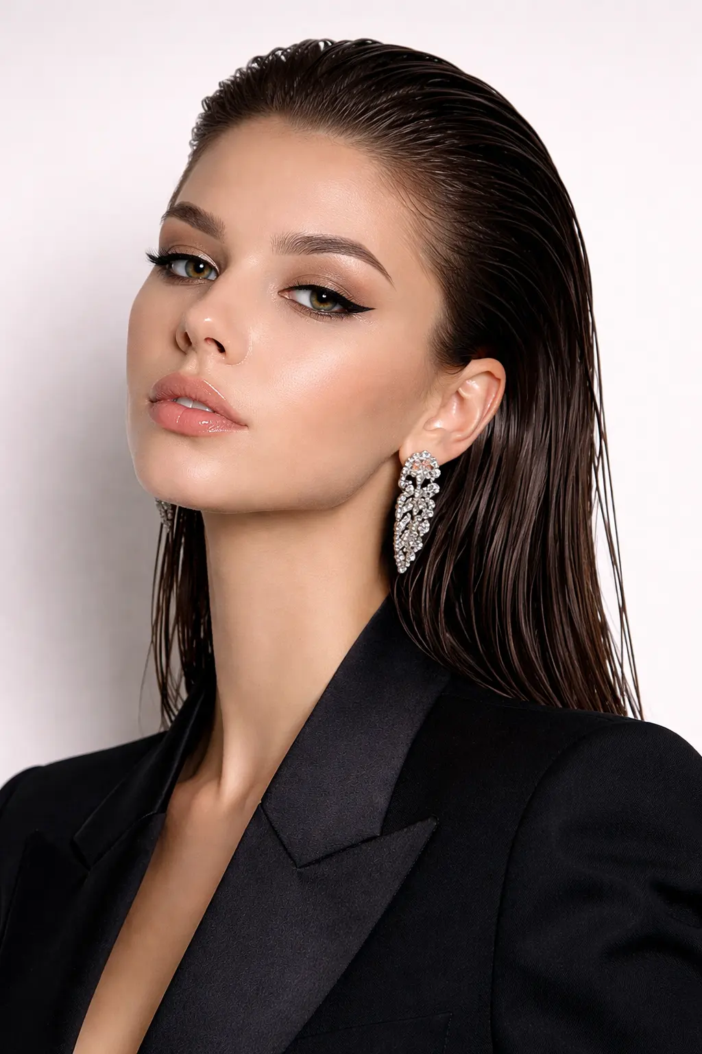 Wet look slicked back hairstyle Western high fashion hair style glossy modern look