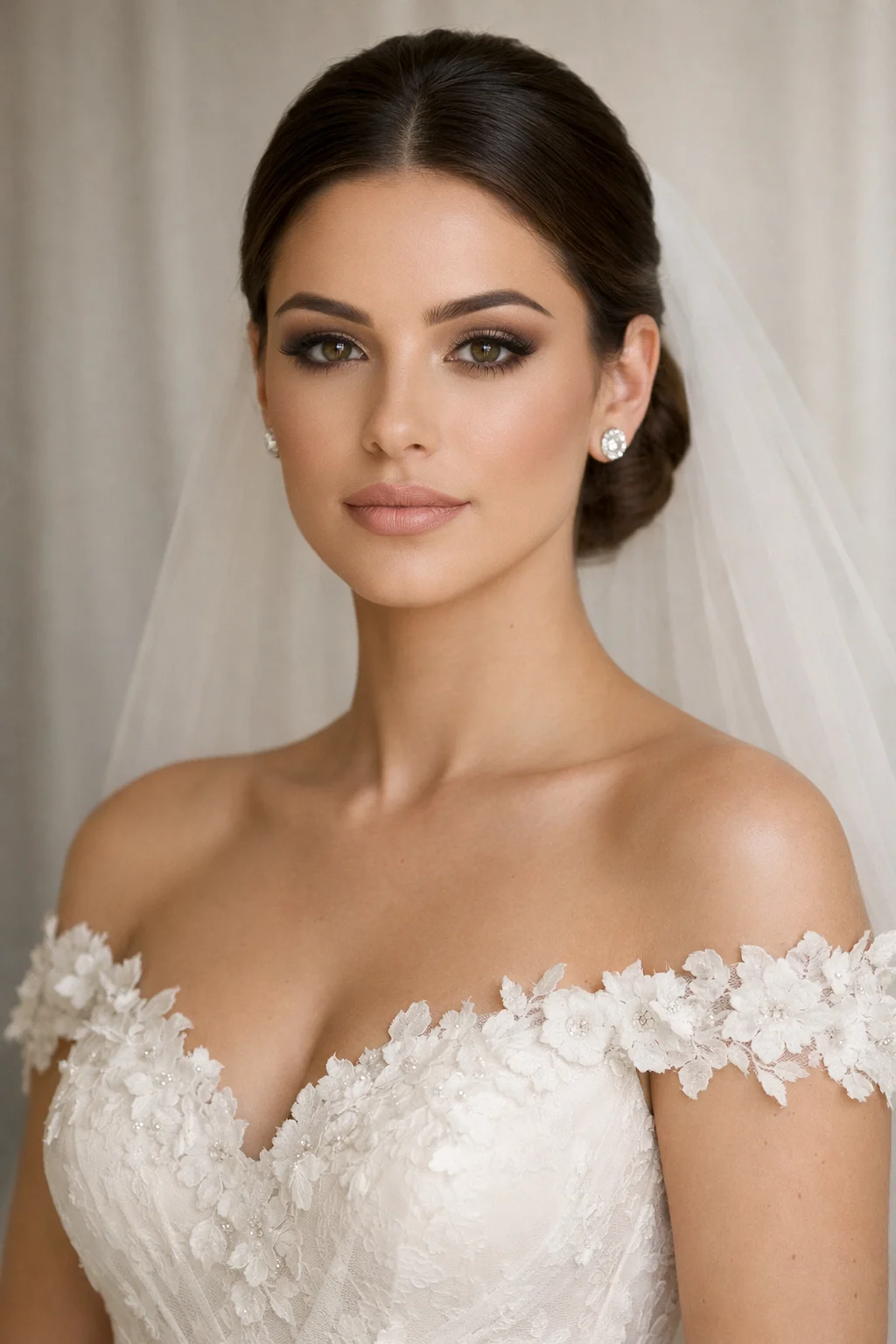 classic neutral bridal makeup sculpted eyes flawless skin nude lips wedding look