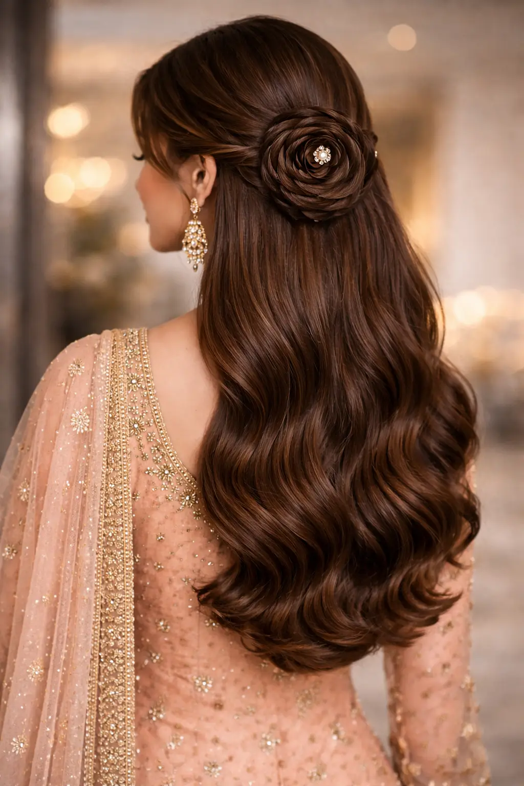 Floral side bun half up wave hairstyle for girls with long wavy hair styled from the back for a wedding or formal event
