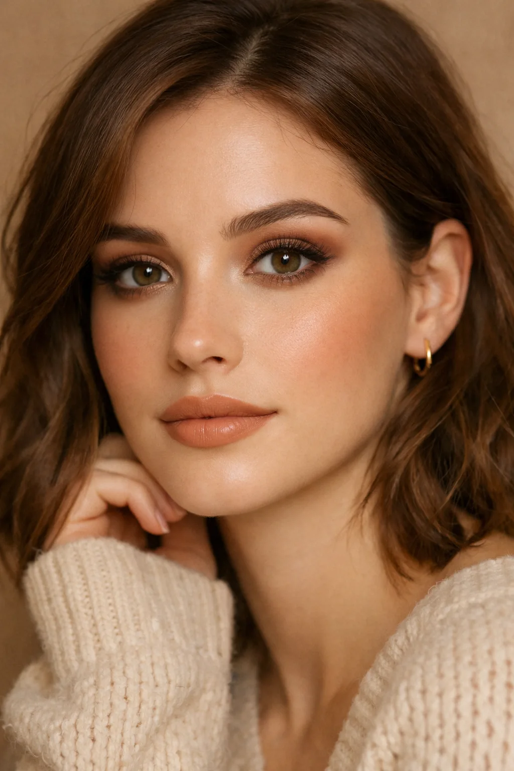 Warm nude dewy makeup with soft brown tones and glowing skin