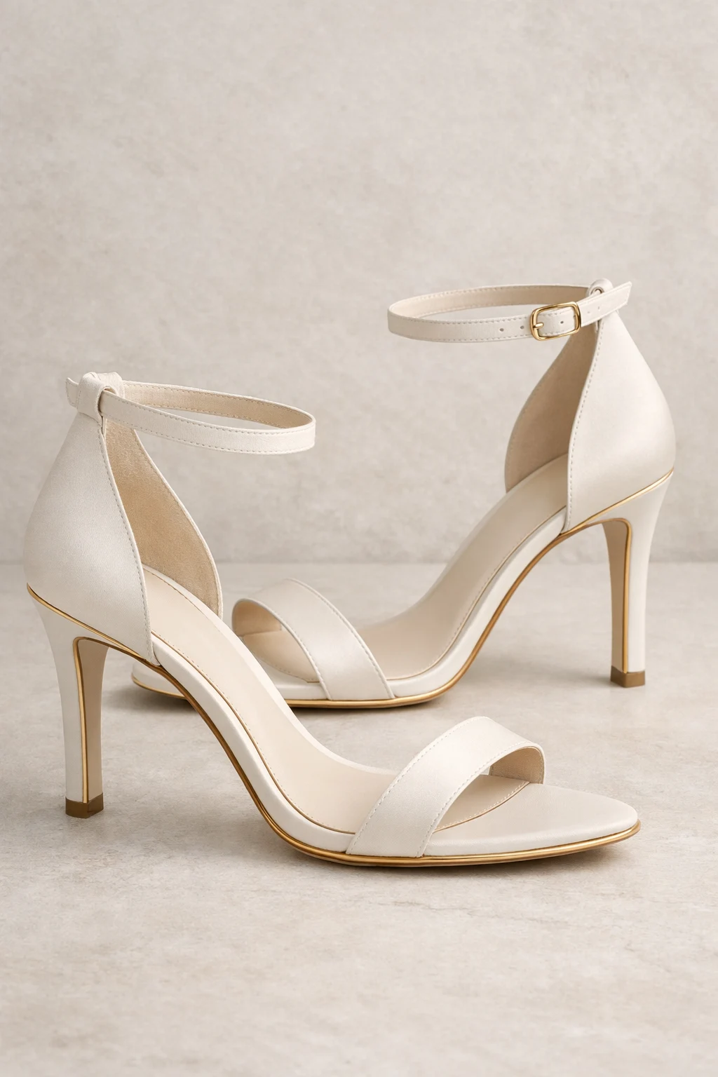 Minimal bridal heels with gold edge sole and ankle strap for wedding comfort