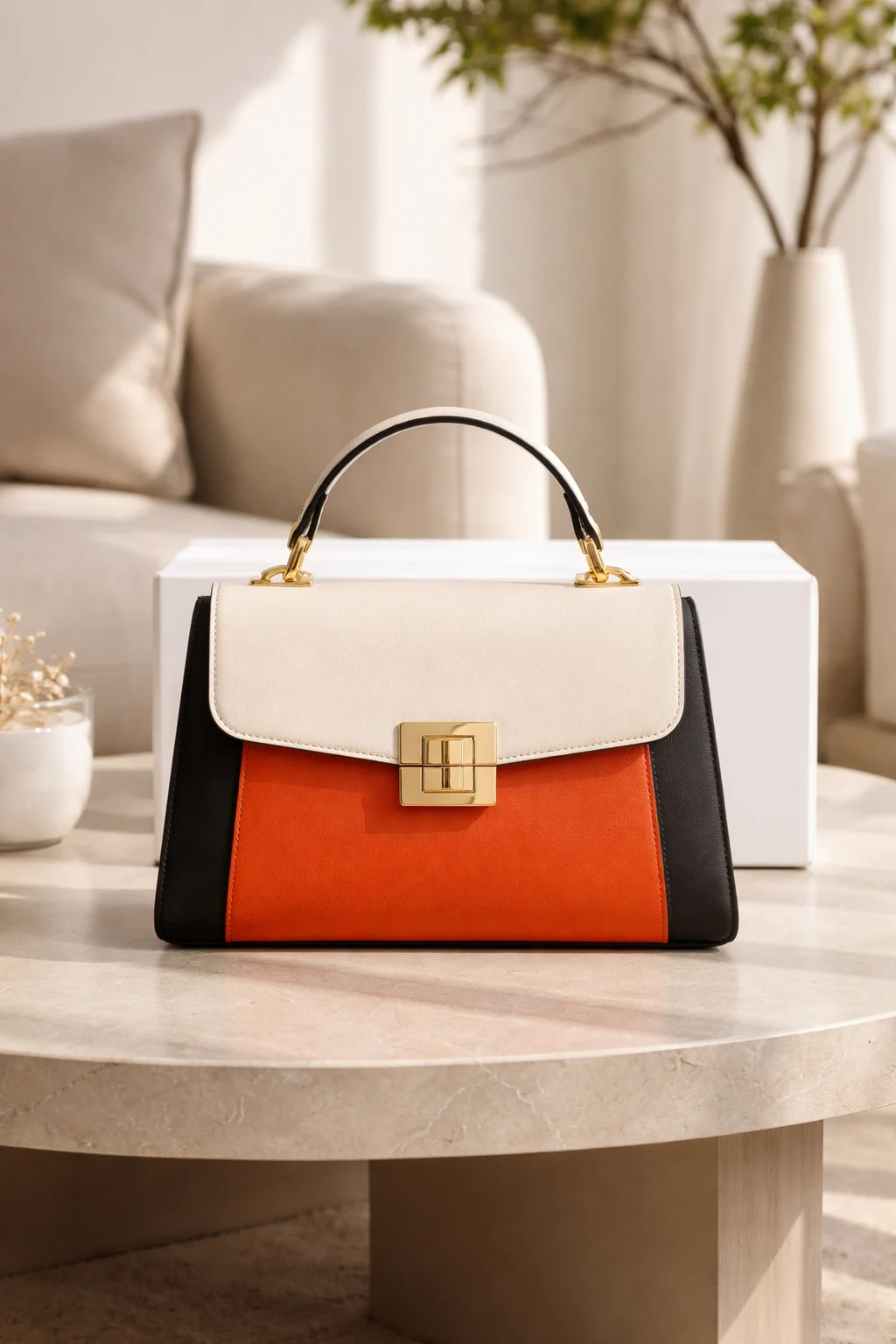 Color block structured purse inspiration in cream black and orange