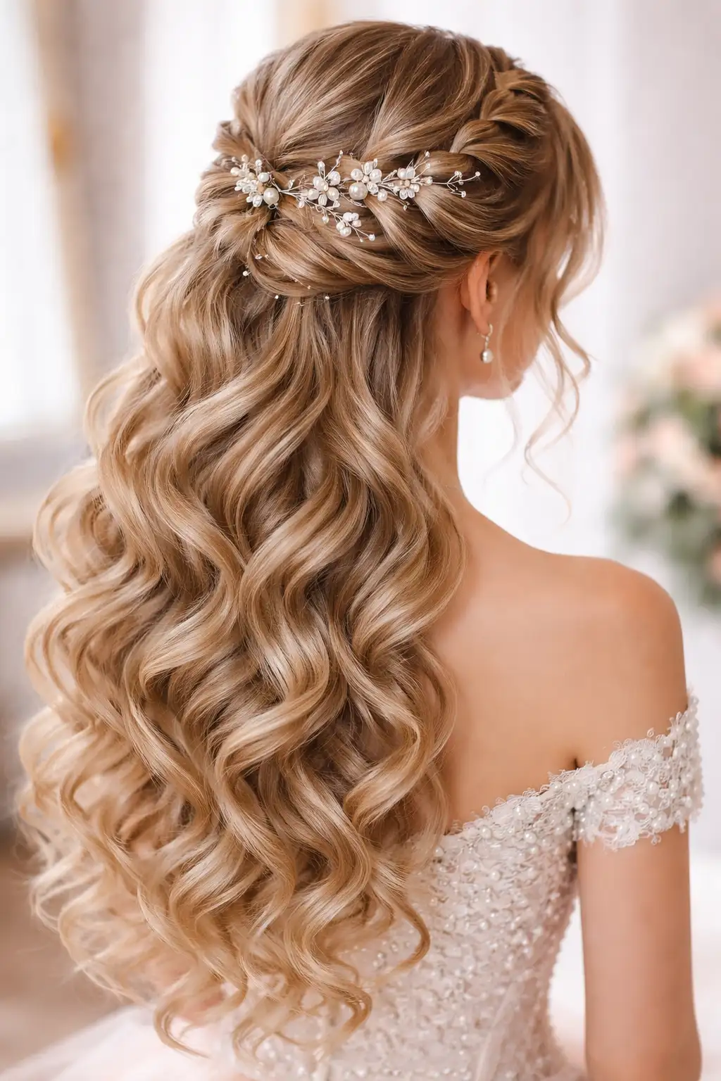 Pearl half up prom hairstyle with glam waves and elegant hair accessories