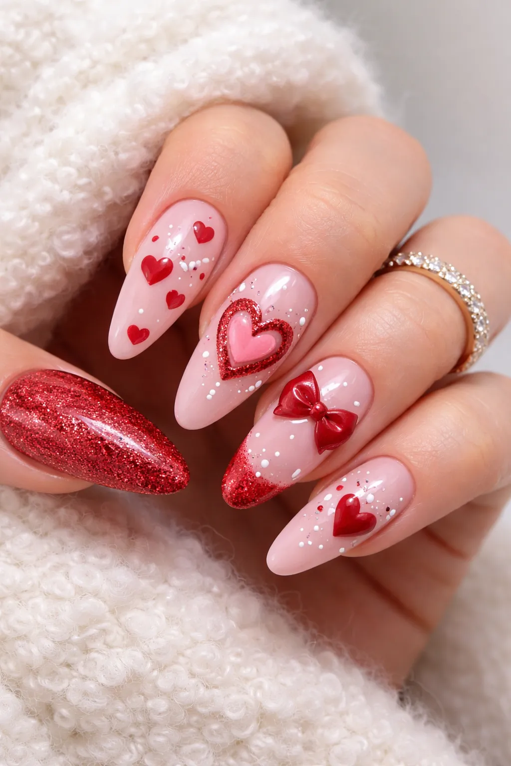 Pink and red Valentine nails with glitter hearts bow accents and sparkle details