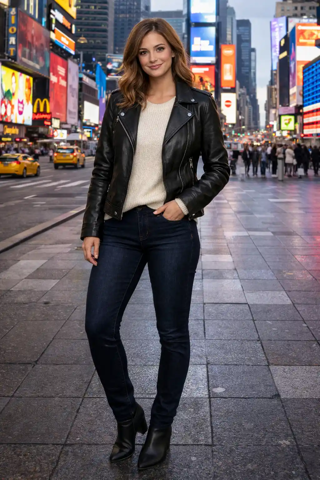 Leather jacket winter outfit with knit top and dark jeans