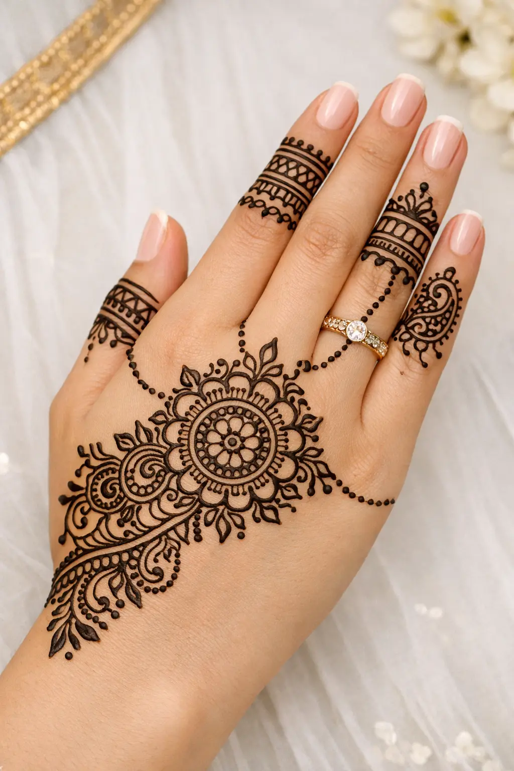 Minimal Pakistani mehndi design for back hands with ring style pattern, clean lines, and simple elegant detailing for festive and wedding events