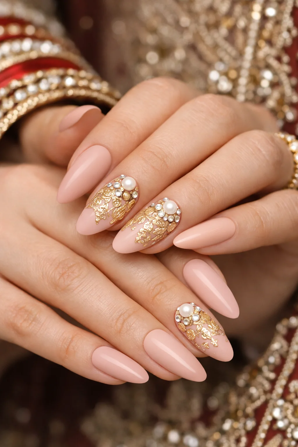 Nude pink bridal nails with gold foil and pearl embellishments for weddings