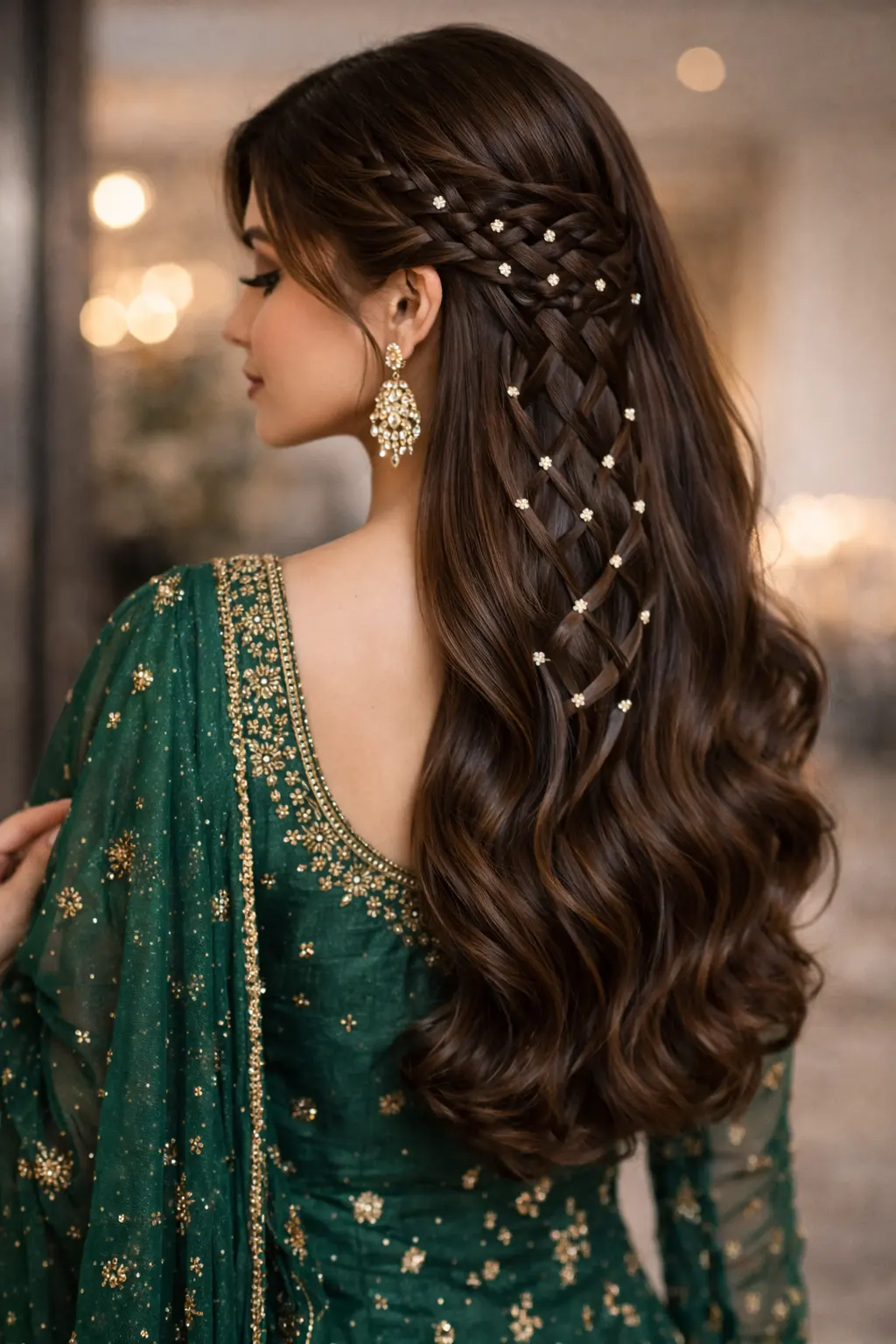 Embellished side braided half up hairstyle for girls with long wavy hair styled elegantly for a wedding or formal event