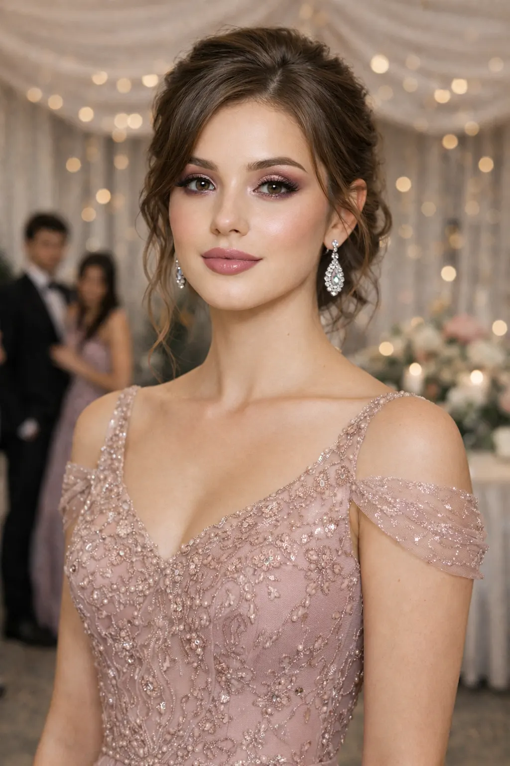 Mauve romantic prom makeup with soft pink eyeshadow, glowing skin, natural blush, and mauve pink lips