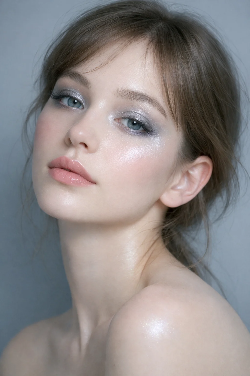 Cool toned dewy makeup with silver shimmer and radiant skin