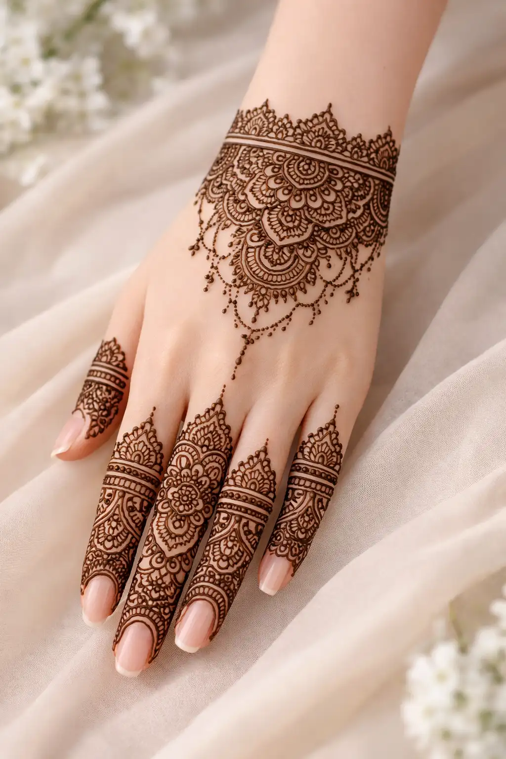 ornate cuff mehndi design with detailed wrist pattern and filled finger sections